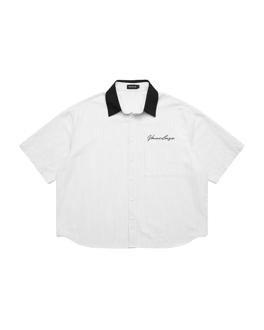 PLEATED BUTTON SHIRT - WHITE/NAVY 